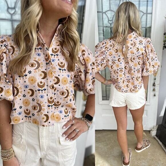 NEW The Femm Kengy Printed Puff Sleeve Top Women's Printed Pink Size: Large - Picture 1 of 7